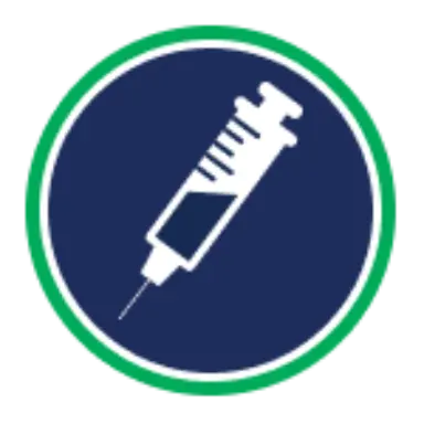 Icon of a syringe inside a dark blue circle with a green outline.