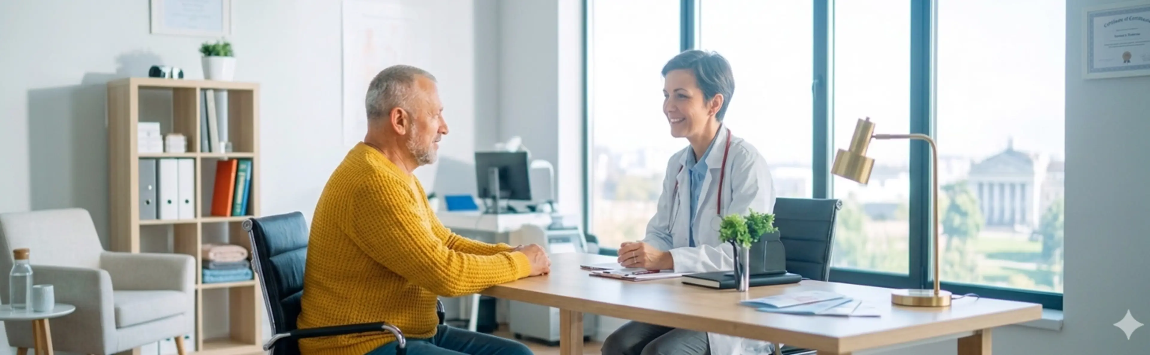 Patient en consultation avec une professionnelle de santé dans un cabinet médical.