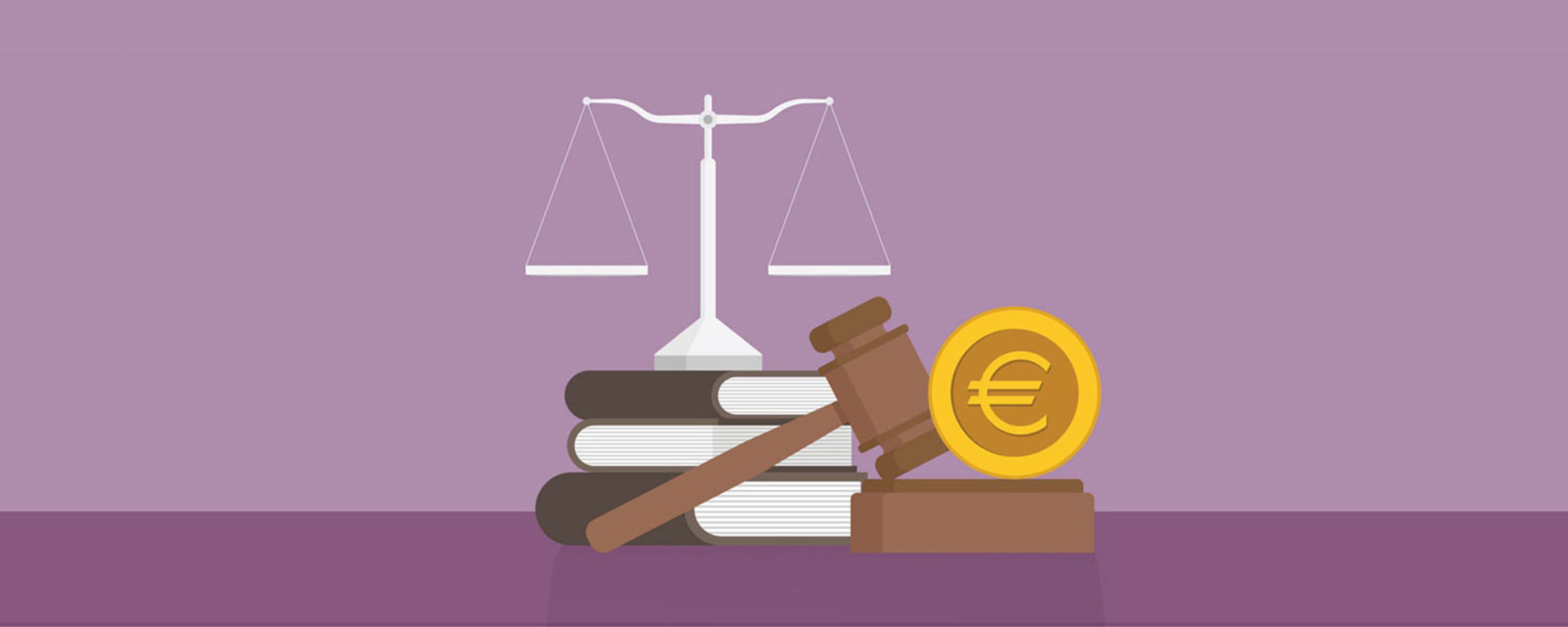Balance à bras égal, un livre, un marteau et une pièce en euros sur une table – Illustrations