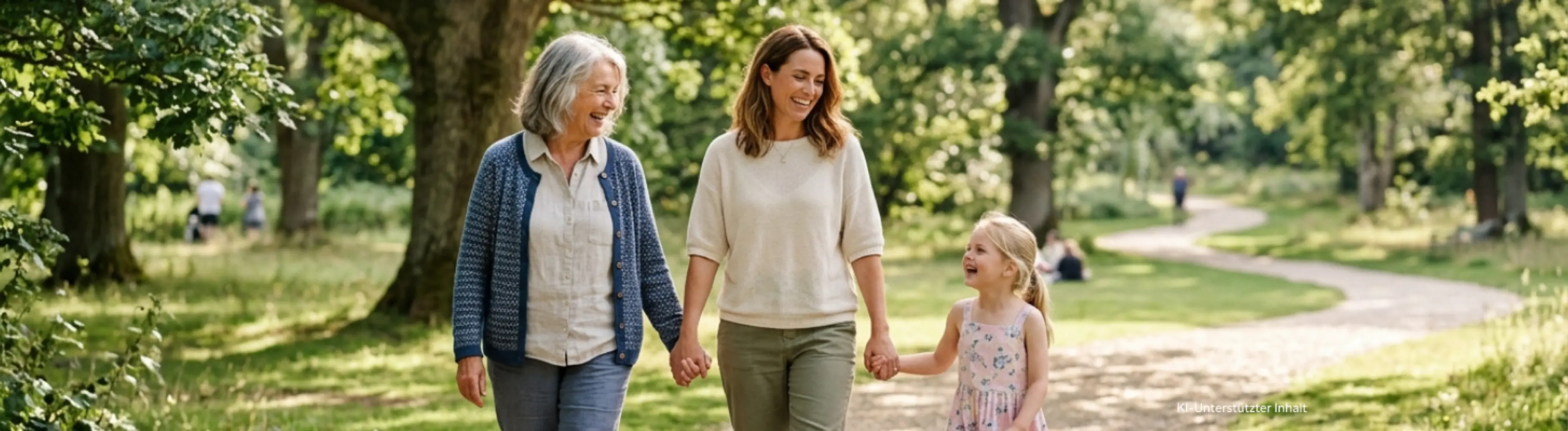 Drei Generationen von Frauen – eine Großmutter, eine Mutter und ihre junge Tochter – gehen glücklich und Hand in Hand einen sonnendurchfluteten Parkweg entlang