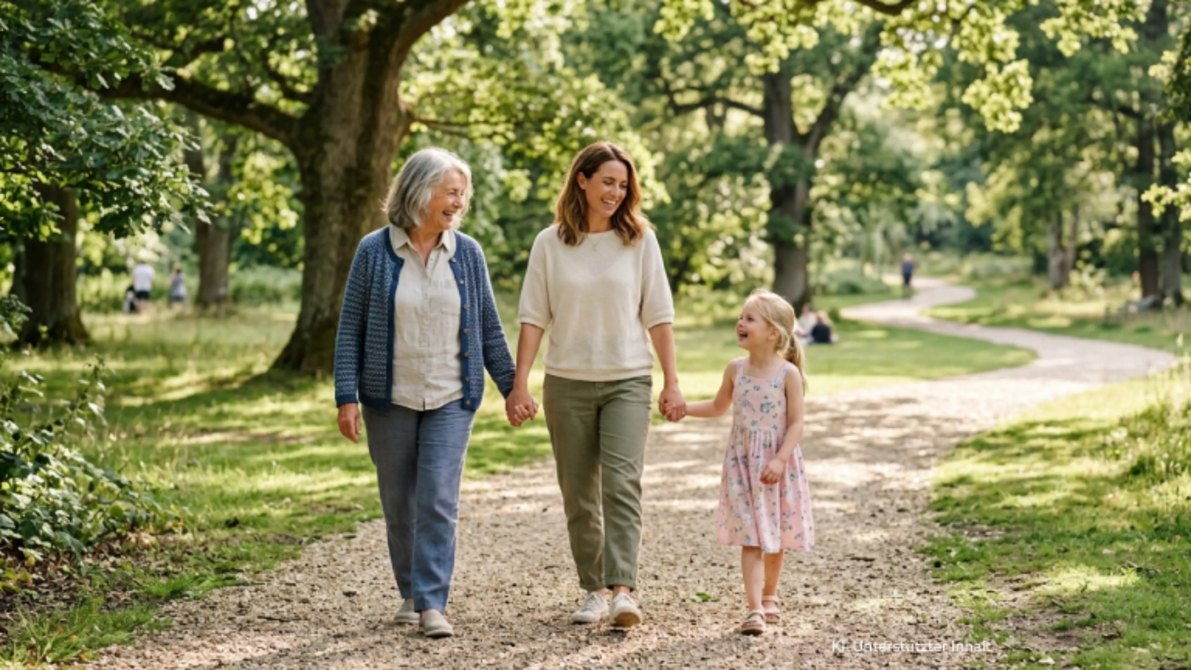 Drei Generationen von Frauen – eine Großmutter, eine Mutter und ihre junge Tochter – gehen glücklich und Hand in Hand einen sonnendurchfluteten Parkweg entlang