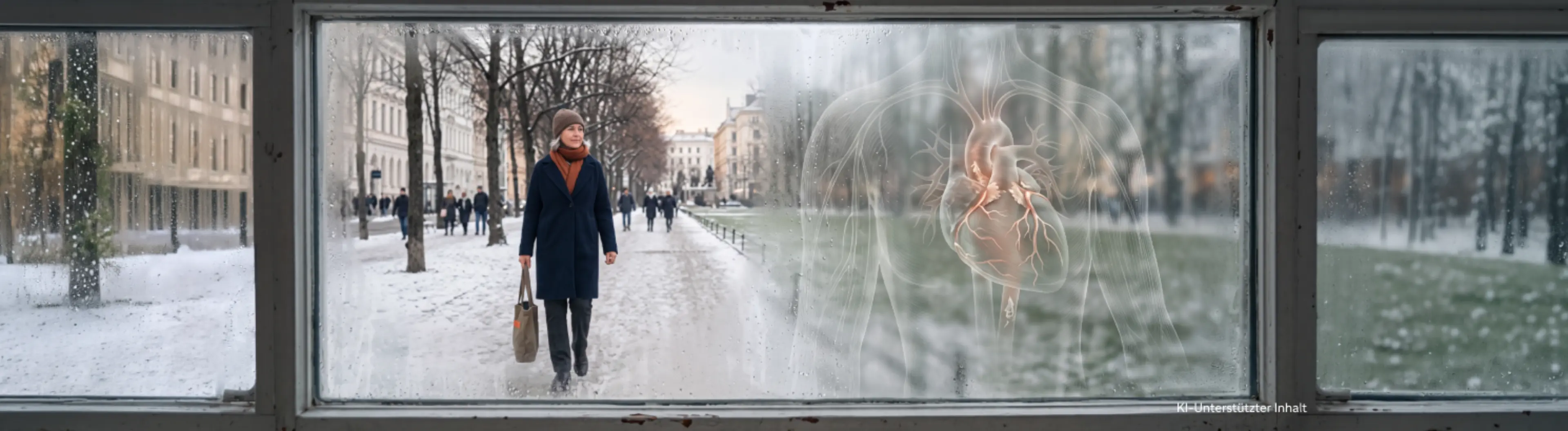 Winterliche Straßenszene mit einer gehenden Person; über die beschlagene Scheibe ist ein transparent dargestelltes menschliches Herz mit Gefäßen gelegt –Symbol für kardiovaskuläres Risiko, Gefäßgesundheit zur Prävention von Herzinfarkt (myocardial infarction)