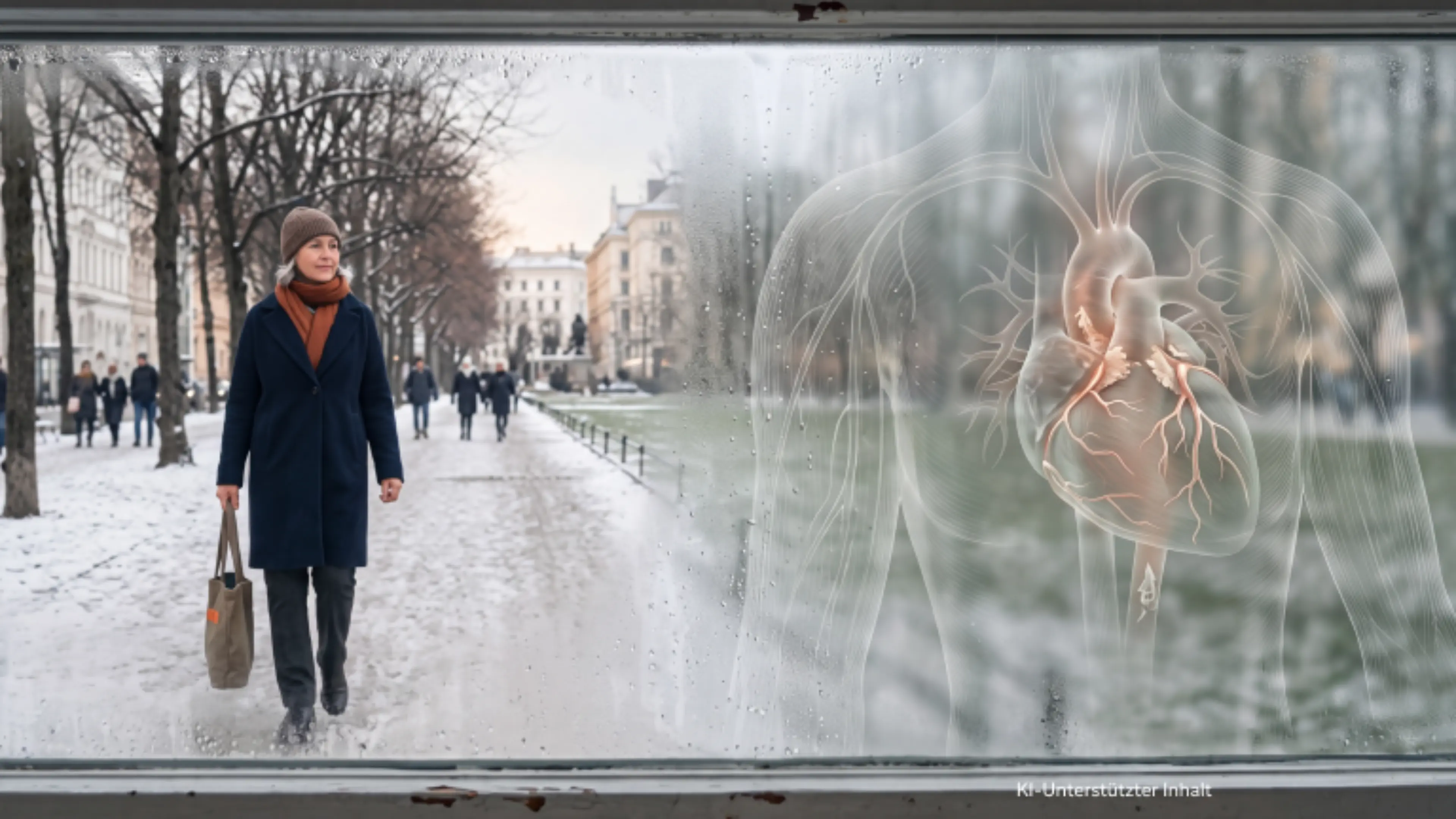 Winterliche Straßenszene mit einer gehenden Person; über die beschlagene Scheibe ist ein transparent dargestelltes menschliches Herz mit Gefäßen gelegt –Symbol für kardiovaskuläres Risiko, Gefäßgesundheit zur Prävention von Herzinfarkt (myocardial infarction)