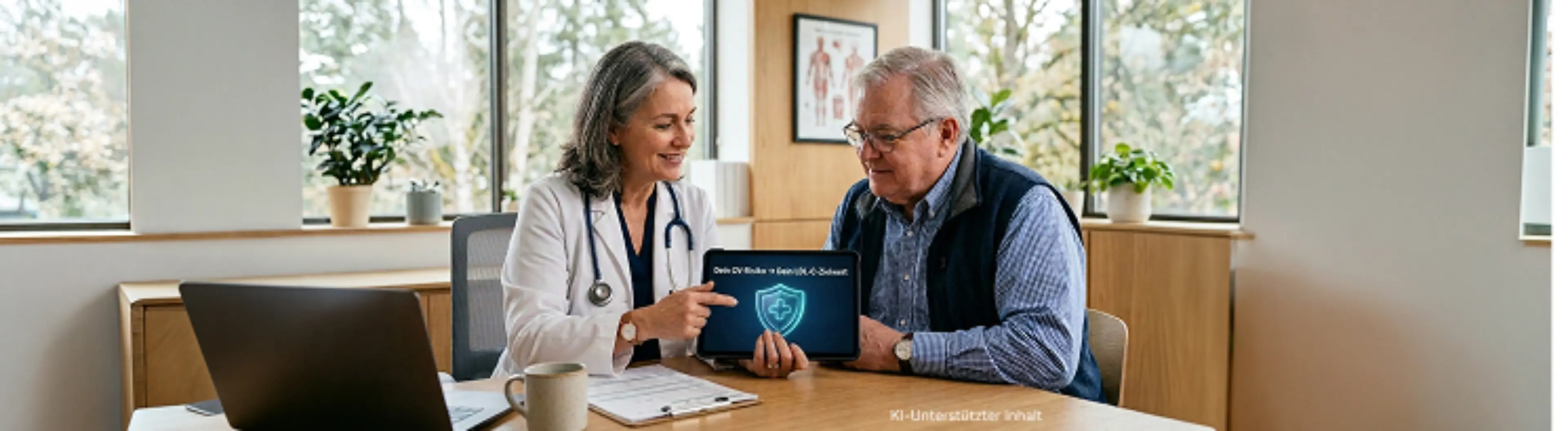 „Eine Ärztin in einem Beratungsgespräch mit einem älteren Patienten; sie zeigt auf ein Tablet, auf dem das Textfeld ‚Dein CV-Risiko → Dein LDL-C-Zielwert‘ und ein Schutzschild-Symbol mit einem Pluszeichen zu sehen sind.“