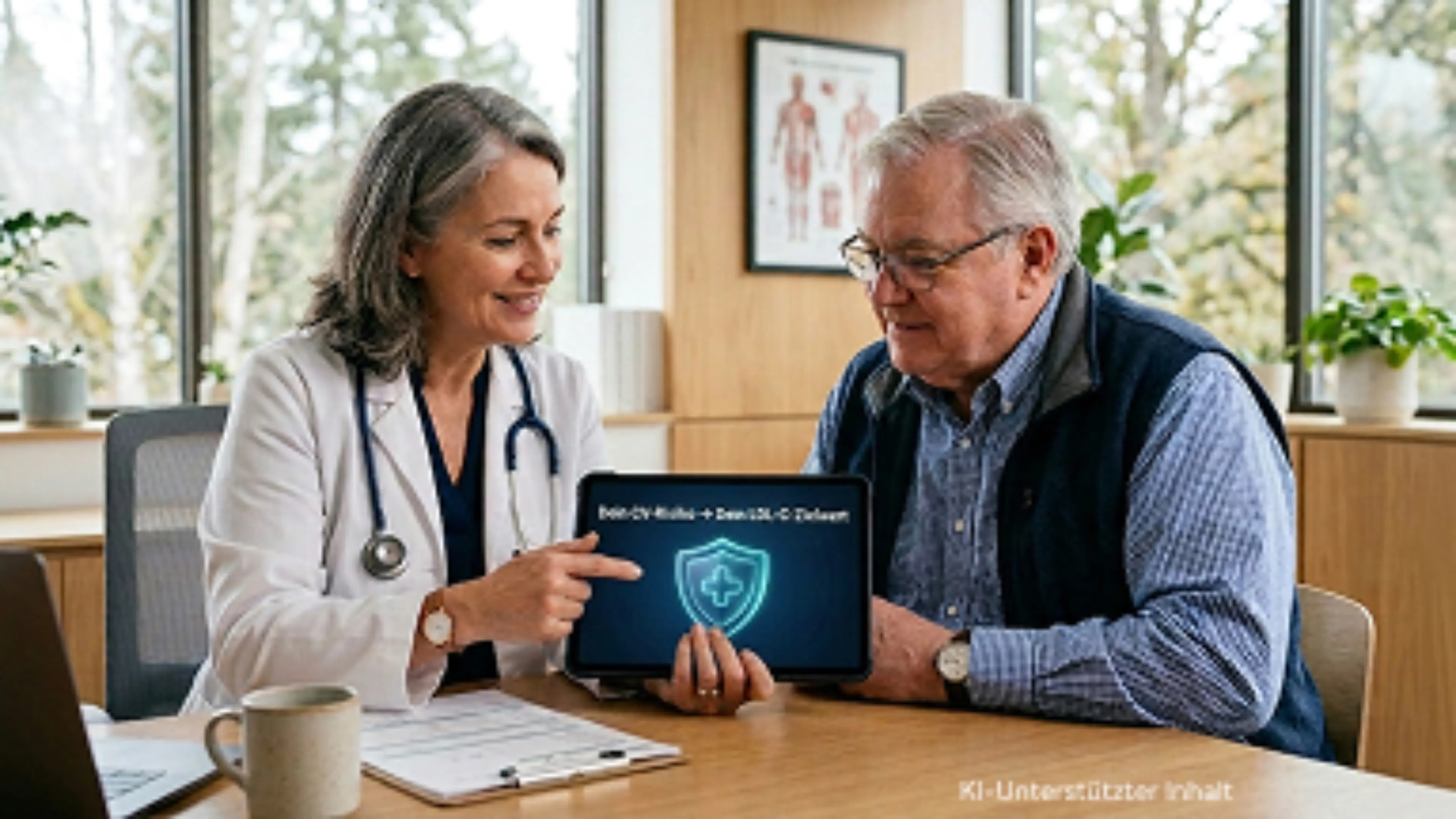 „Eine Ärztin in einem Beratungsgespräch mit einem älteren Patienten; sie zeigt auf ein Tablet, auf dem das Textfeld ‚Dein CV-Risiko → Dein LDL-C-Zielwert‘ und ein Schutzschild-Symbol mit einem Pluszeichen zu sehen sind.“
