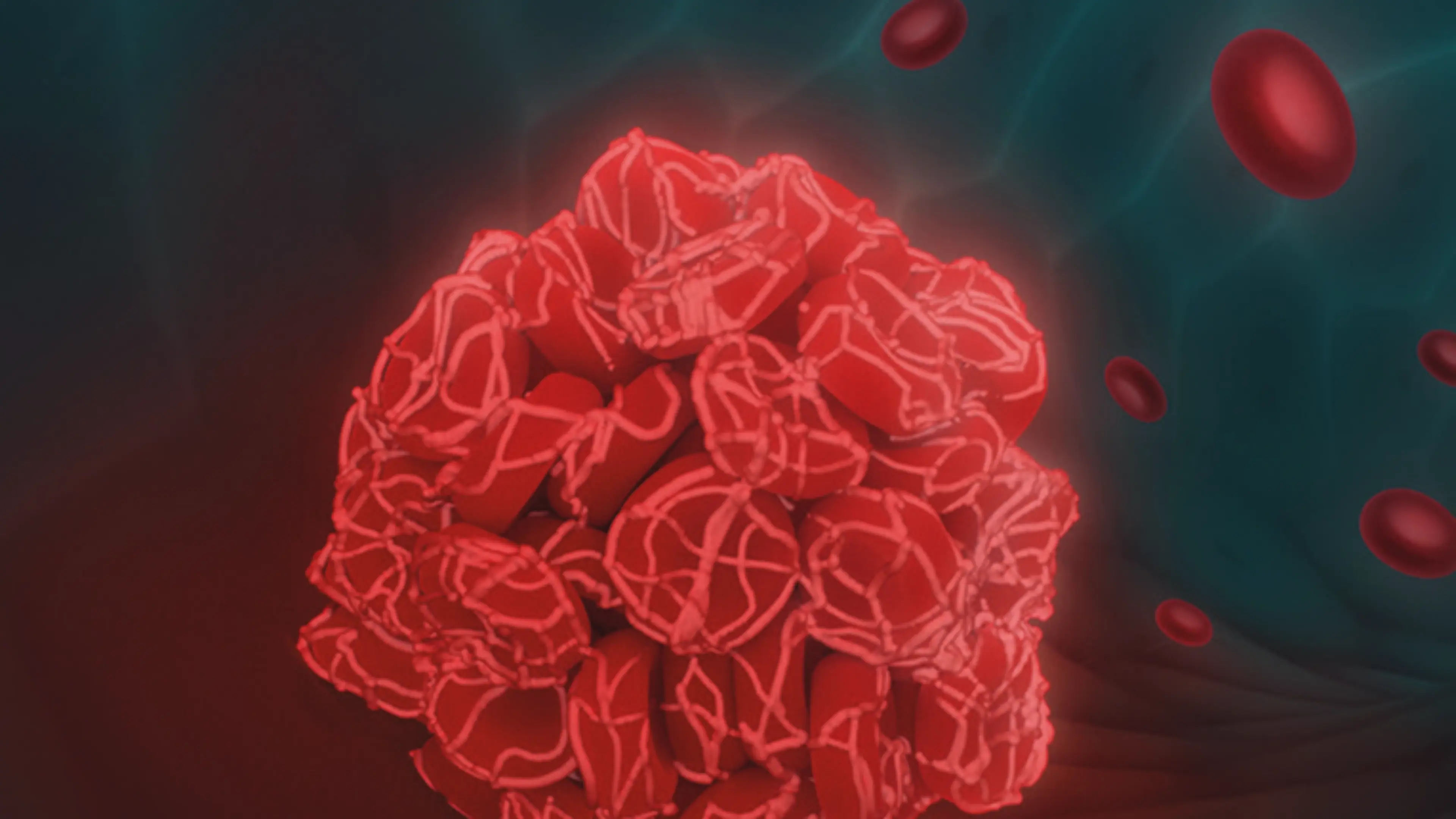 Medizinische 3D-Illustration eines Blutgerinnsels (Thrombus) in einem Blutgefäß: Ein dichtes, rot gefärbtes Gerinnsel aus Fibrin und Thrombozyten ist zentral dargestellt, umgeben von vereinzelten roten Blutkörperchen vor einem dunkelrot-grünen Hintergrund.