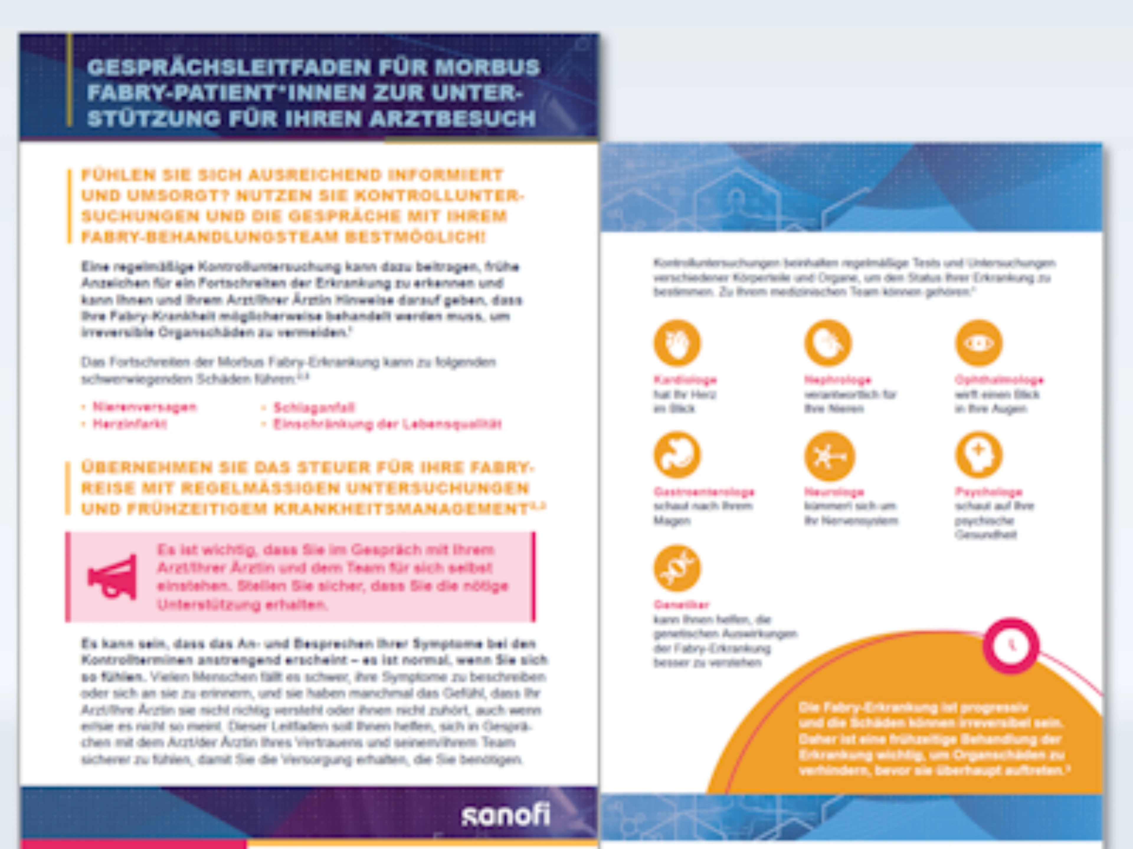 Infografik mit Gesprächsleitfaden für Morbus Fabry-Patient*innen zur Unterstützung beim Arztbesuch