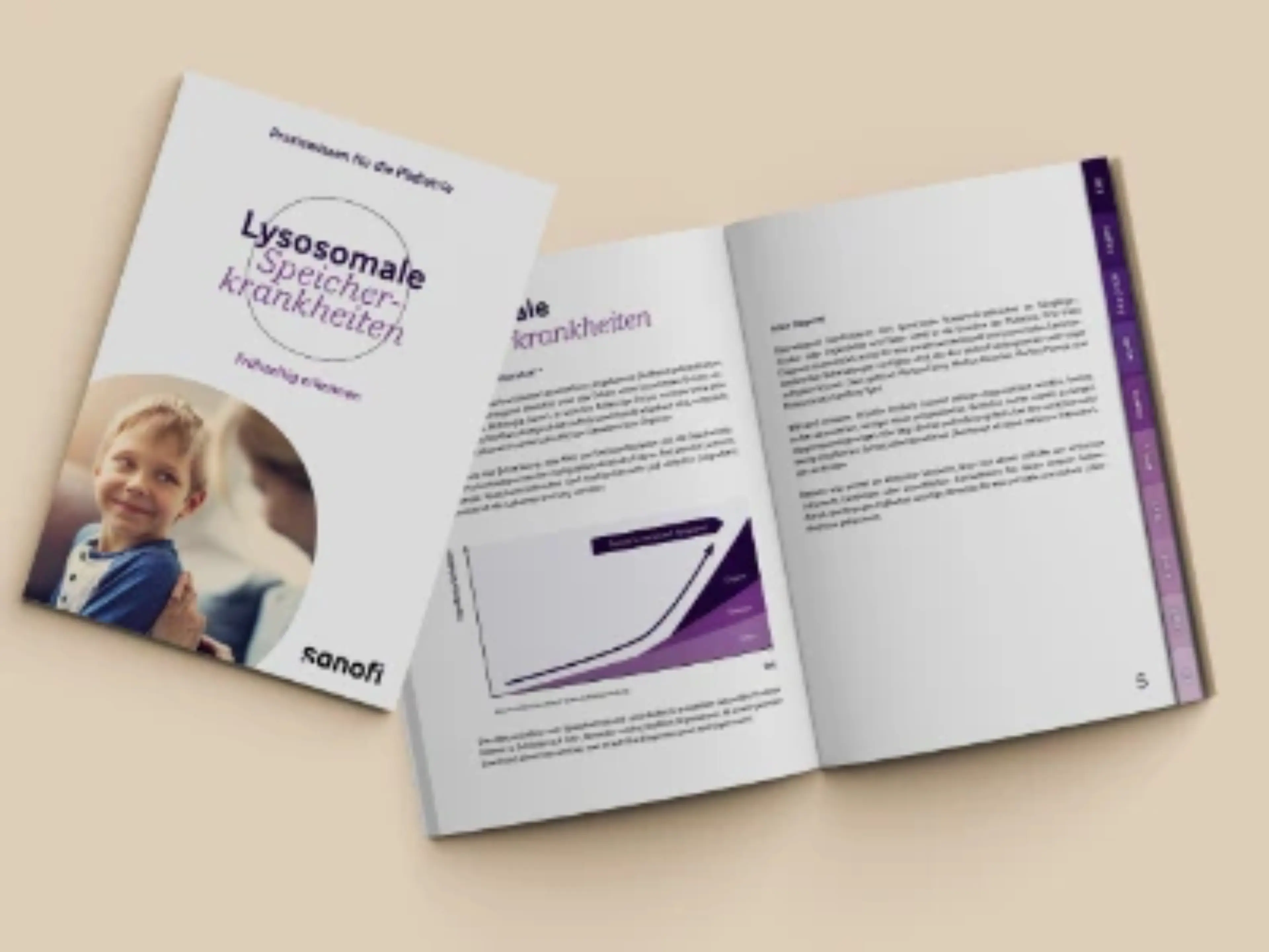 Aufgeschlagene Broschüre mit Text und Diagramm, daneben Deckblatt mit Titel 'Lysosomale Speicherkrankheiten'