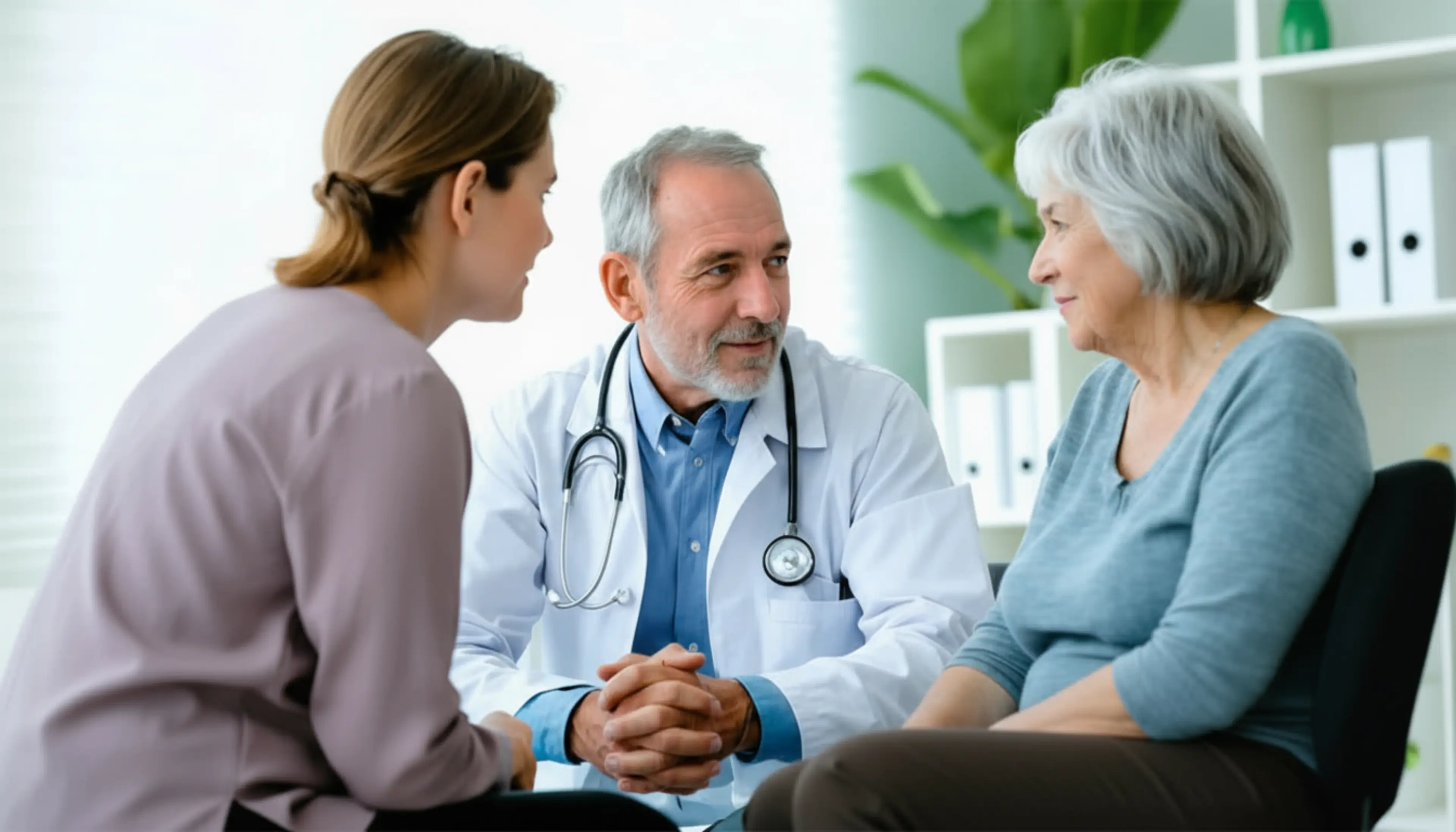 A male doctor in a white coat speaks with an elderly female patient seated across from him, while a younger woman in a purple shirt stands nearby in a medical office.
