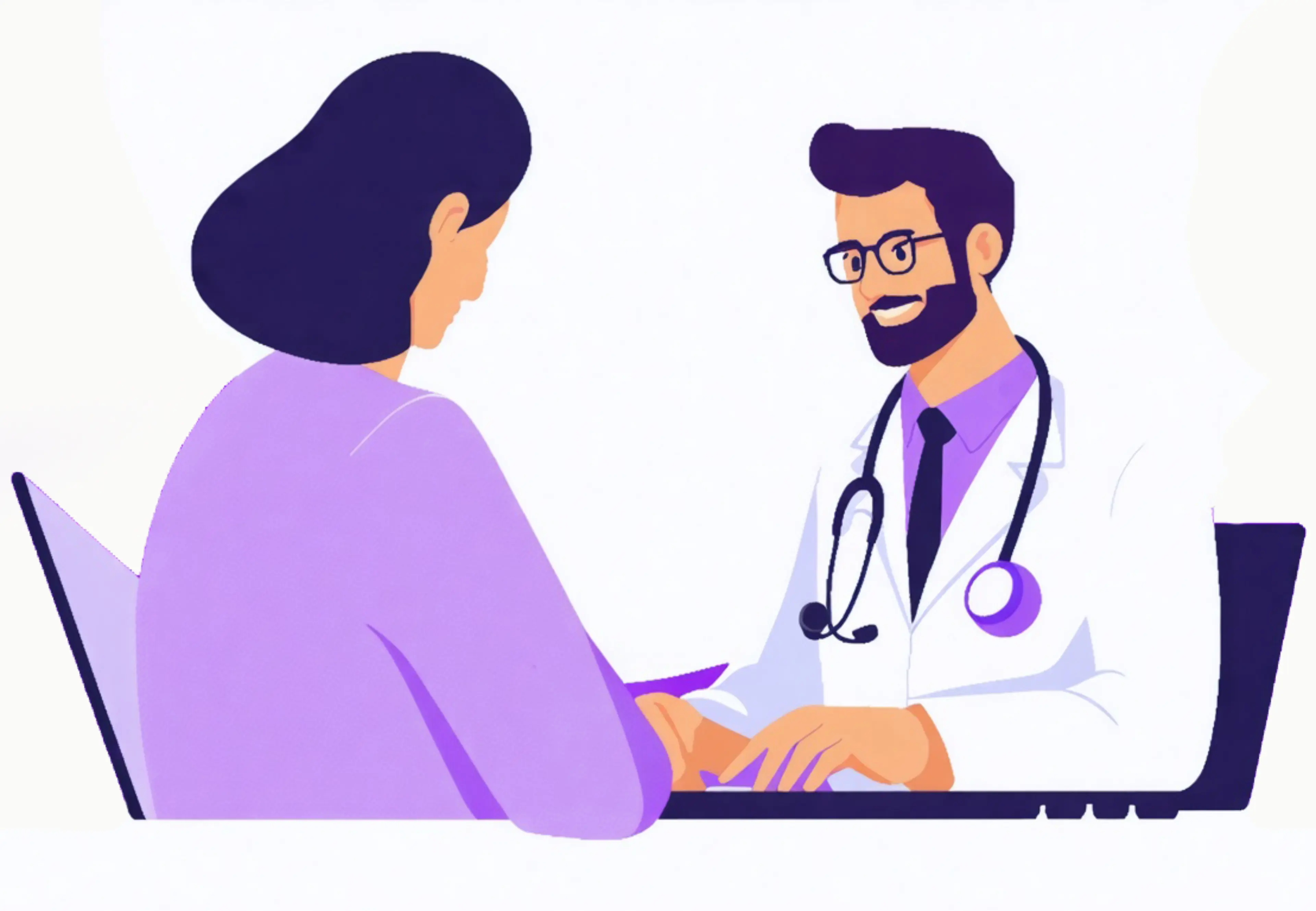 Illustration of male doctor in white coat consulting with female patient in purple shirt during medical appointment