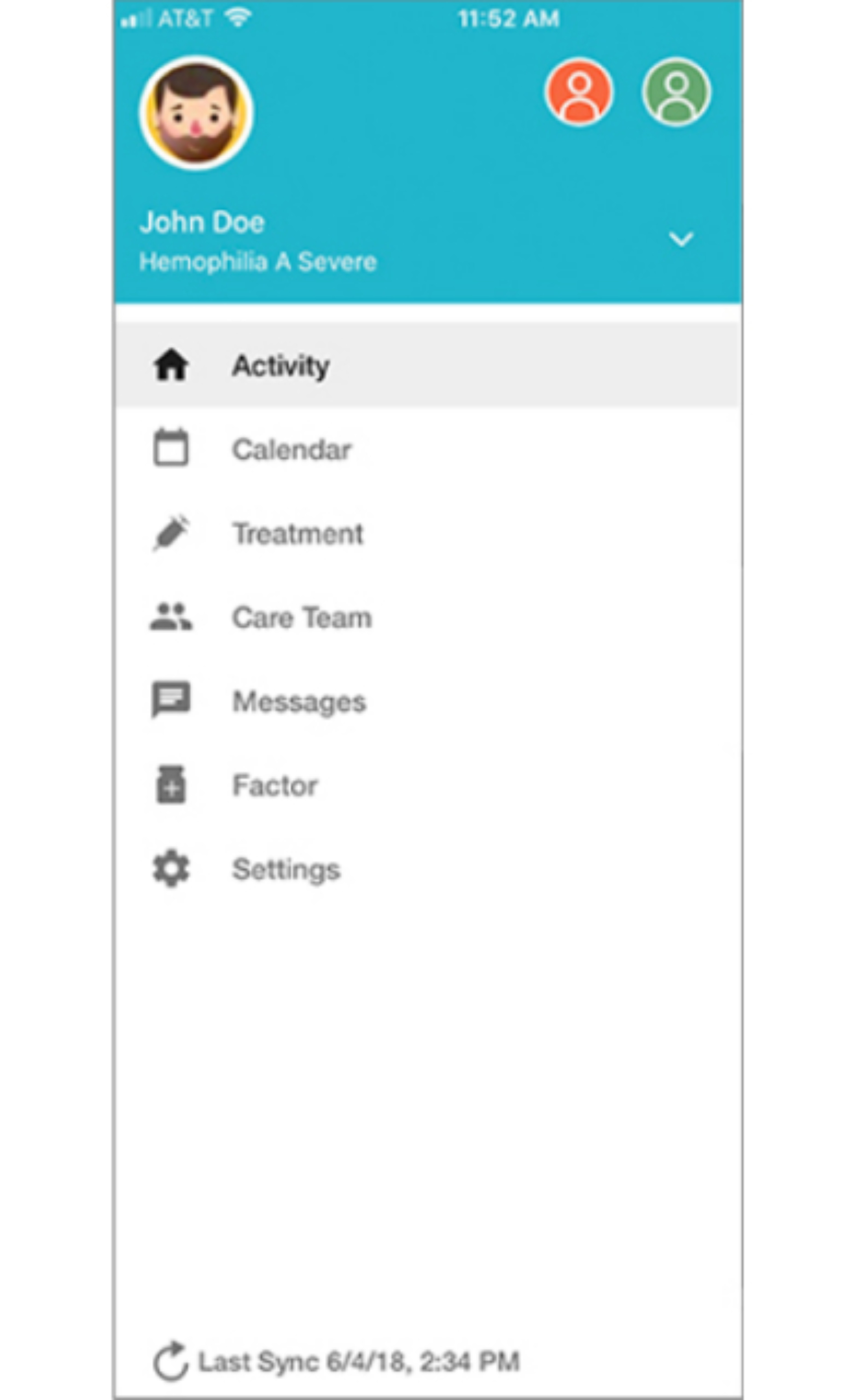 Interface of a hemophilia management app, MicroHealth, featuring user details and menu options like treatment and messages.