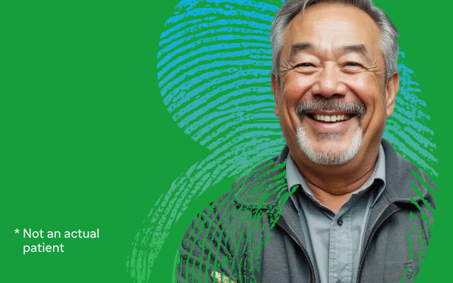 Graphic with the text ‘Thymoglobulin® [Anti‑thymocyte Globulin (Rabbit)’] with an injection bottle icon on a green background with kidney line patterns behind an elderly man and a small disclaimer ‘Not an actual patient’.