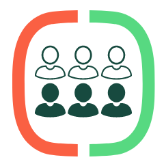 Icon showing 3 white and 3 green human figures arranged in 2 rows