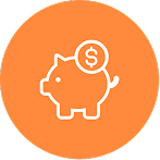 Icon of a piggy bank with a dollar symbol in an orange circle.