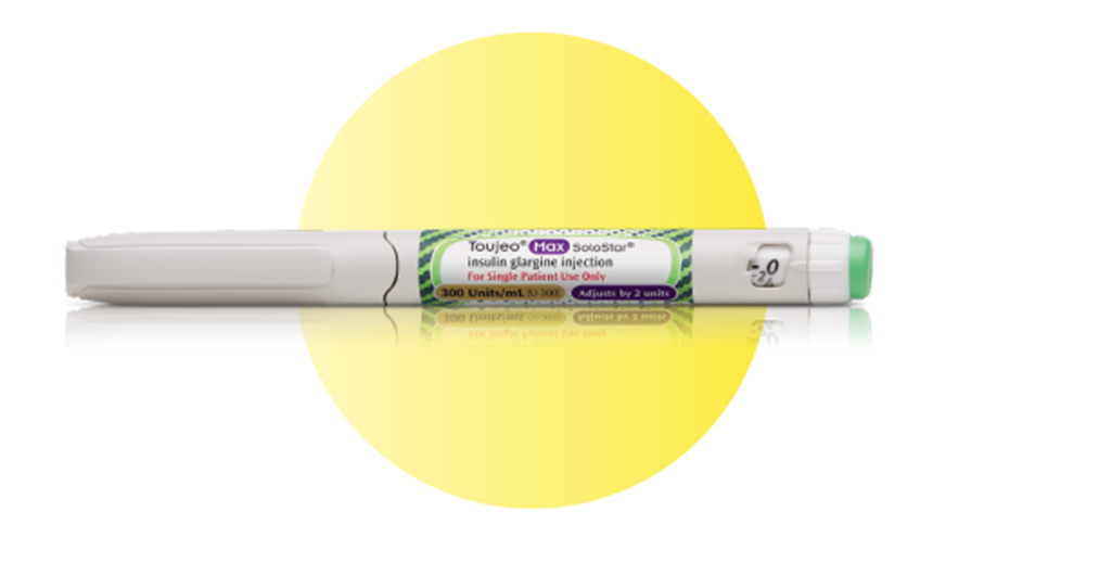 Toujeo® Max SoloStar® pen within a white-yellow gradient circle.