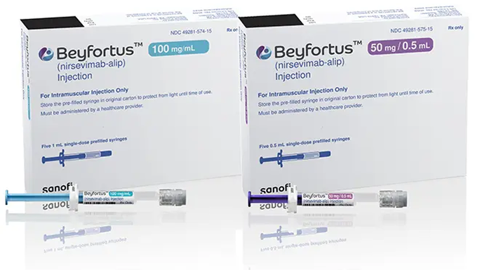 Beyfortus® (nirsevimab-alip) 100 mg packaging and Beyfortus® 50 mg packaging