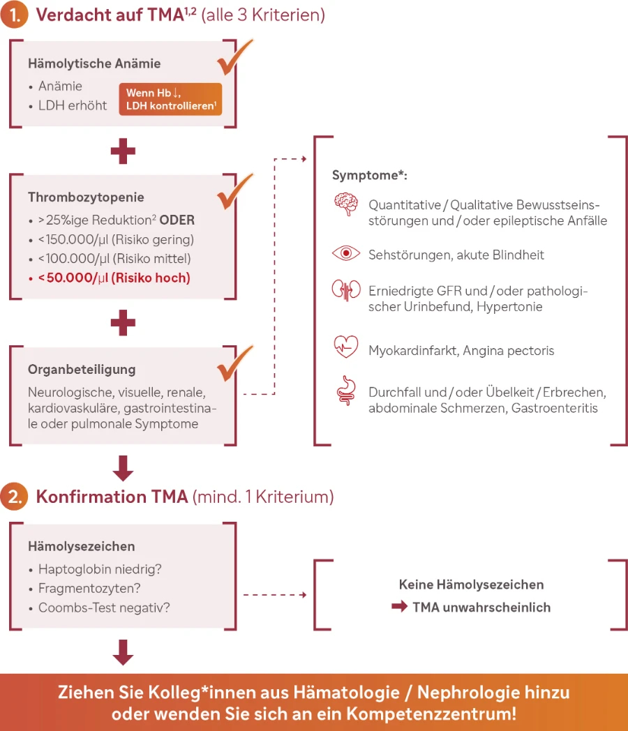 Ein medizinisches Flussdiagramm zur Diagnose von TMA (Thrombotische Mikroangiopathie), unterteilt in zwei Hauptschritte, hier Schritt 1 und 2