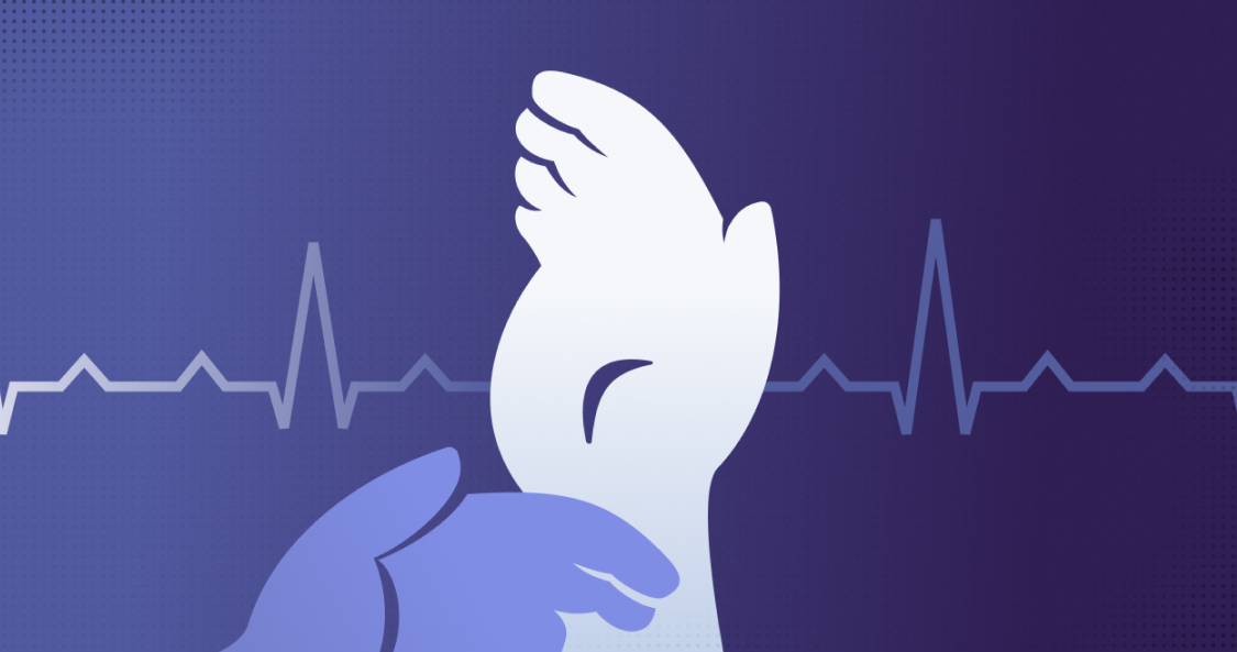 Illustration einer Hand, die ein Handgelenk umfasst, vor stilisiertem EKG-Verlauf im Hintergrund.