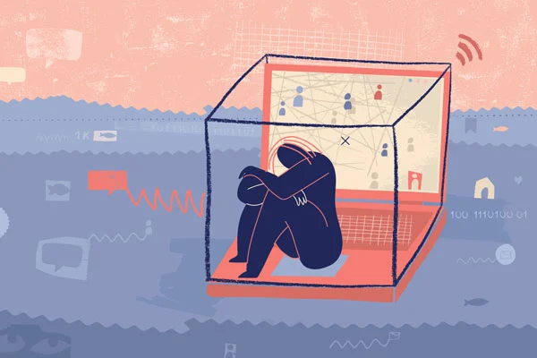 Illustration d’une personne enfermée dans un bloc qui semble souffrir et se refermer sur elle même.