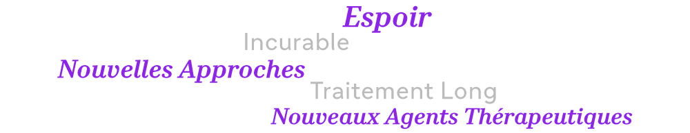 Un nuage de mots tels que espoir, incurable, nouvelles approches, traitement long, nouveaux agents thérapeutiques