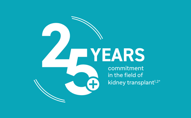 Graphic showing the Thymoglobulin® [Anti‑thymocyte Globulin (Rabbit)] and a large ‘25+ YEARS commitment in the field of kidney transplant’ graphic on the right, displayed on a teal background with subtle curved line patterns.