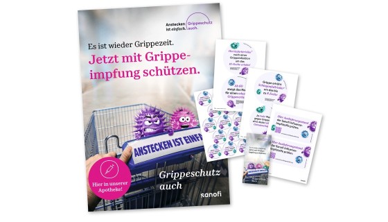 Bilder von verschiedenen Servicematerialien zur Influenza-Impfung, wie Broschüre, Sticker, Buttons