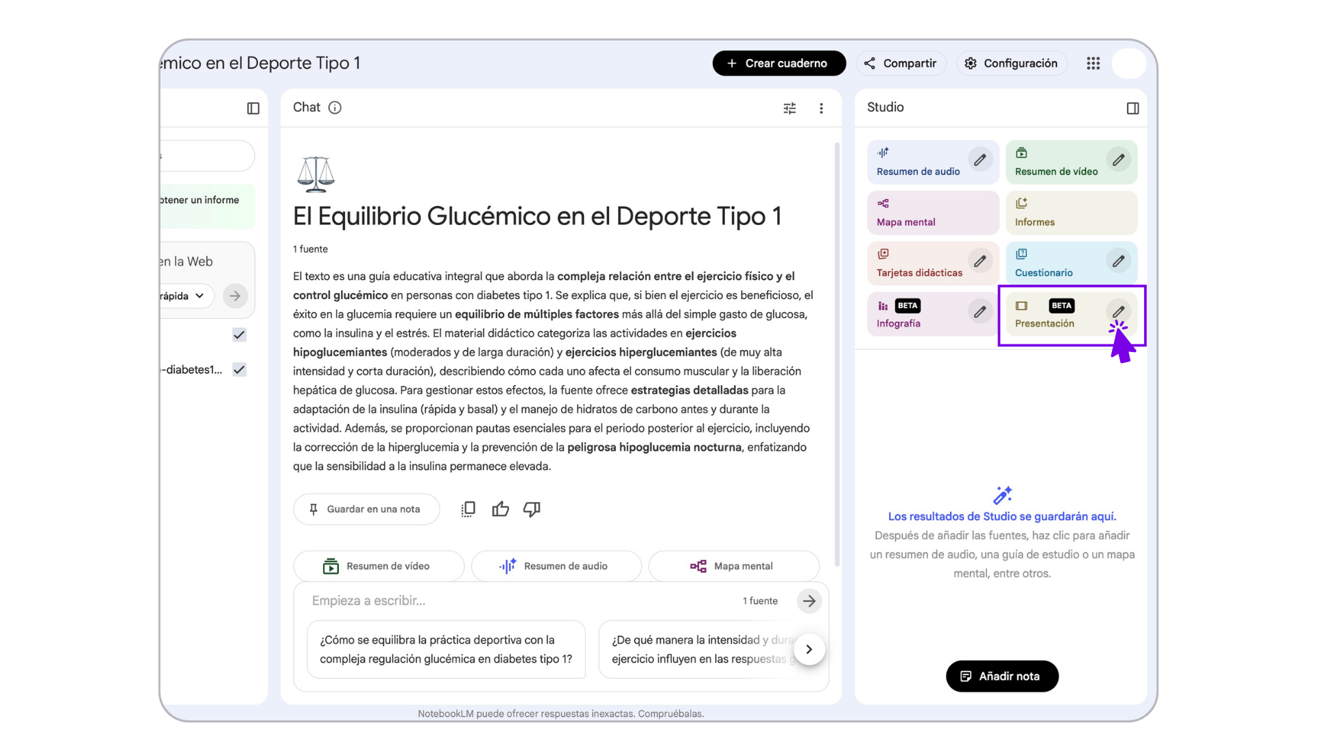 Imagen menú notebookLM presentaciones