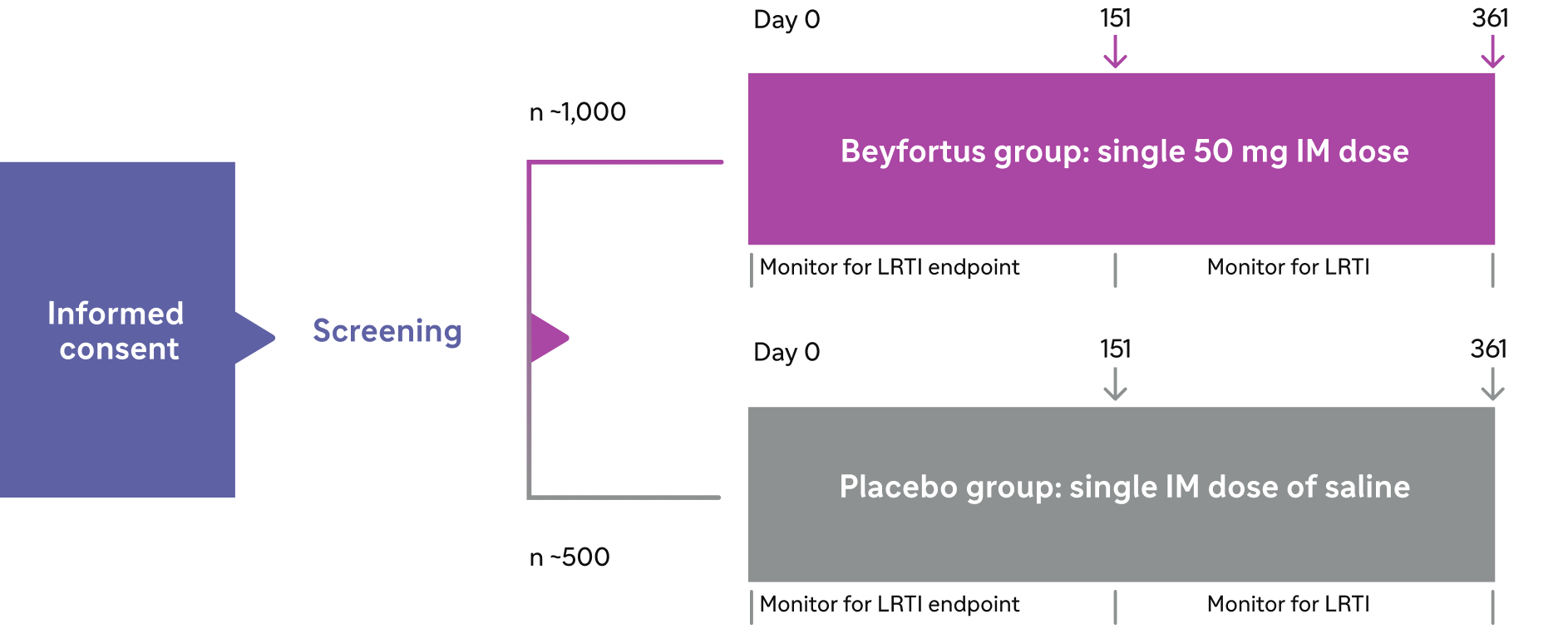 Trial 03; Informed consent; Screening; Day 0 to 151 (Monitor for LRTI endpoint); Day 151 to 361 (Monitor for LRTI); Beyfortus® (nirsevimab-alip) group (n approximately 1,000): single 50 mg IM dose; Placebo group (n approximately 500): single IM dose of saline