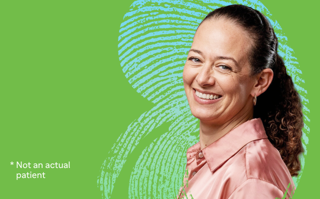 Graphic with the text 'Thymoglobulin® [Anti‑thymocyte Globulin (Rabbit)'] with document icon on a green background with kidney line patterns behind a woman and a small disclaimer 'Not an actual patient'.