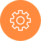 Icon of a gear in an orange circle.