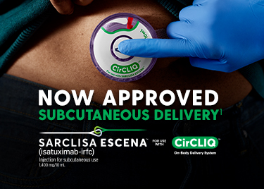 A latex-covered hand presses CirCLIQ to administer SARCLISA ESCENA™ (isatuximab-irfc).