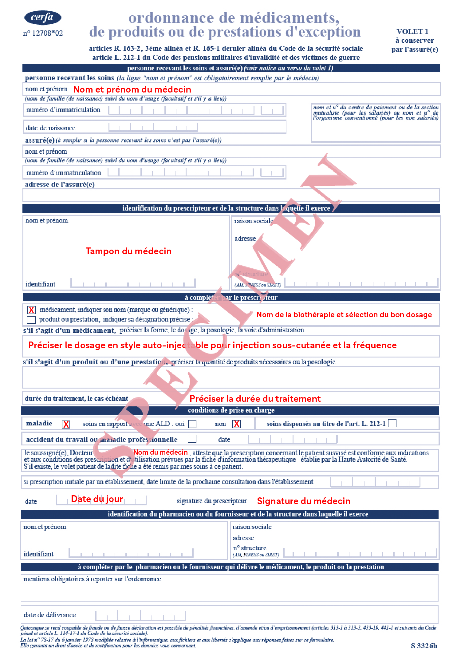 Formulaire Cerfa d'ordonnance de médicaments d'exception à 4 volets, avec champs patient, médecin, posologie et durée de traitement. Volet 1 à conserver par l'assuré.