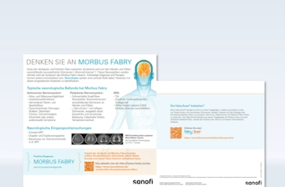 Informationsblatt zu Morbus Fabry mit schematischer Darstellung eines menschlichen Körpers