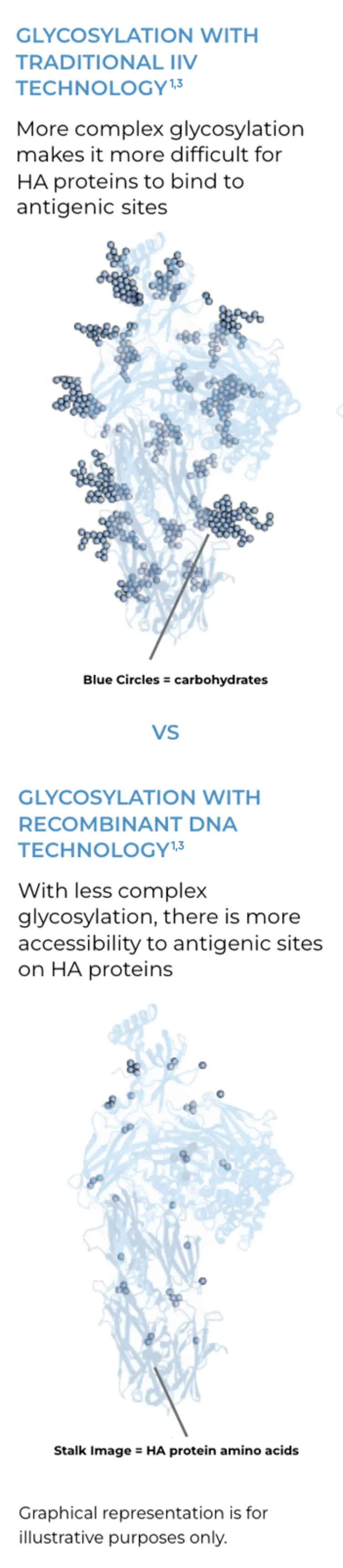 Pictorial representation explaining glycosylation: traditional IIV (complex) vs recombinant DNA (less complex, more accessible)