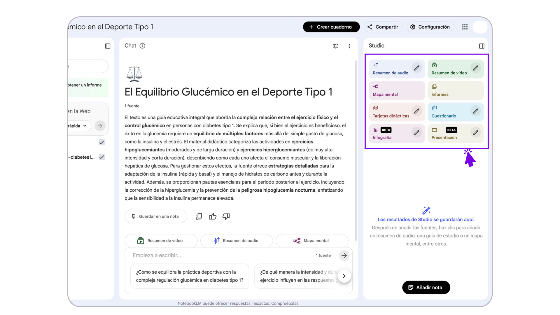 Menú funcionalidades NotebookLM