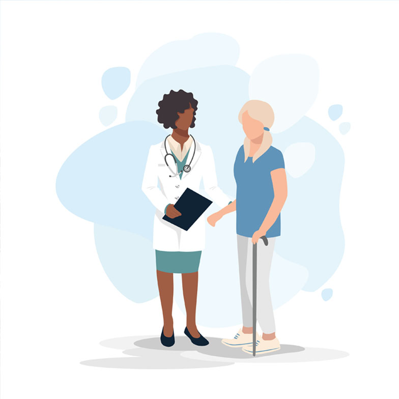Image d’une femme marchant avec une canne en discussion avec son médecin