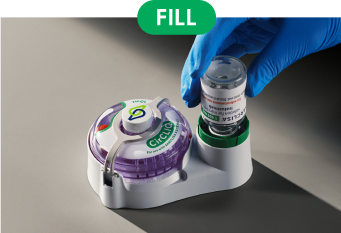 Picture of SARCLISA ESCENA vial, the CirCLIQ device, and the filling base.