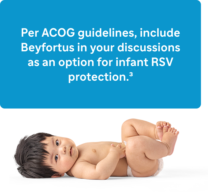 Per ACOG guidelines, include Beyfortus® (nirsevimab-alip) in your discussions as an option for infant RSV protection.