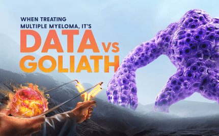 A doctor fights a multiple myeloma monster using a slingshot that holds a fireball.