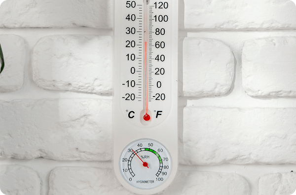Image of wall mounted thermometer displaying temperature scales in Celsius and Fahrenheit, with an additional circular hygrometer gauge at the bottom, all set against a white brick background.