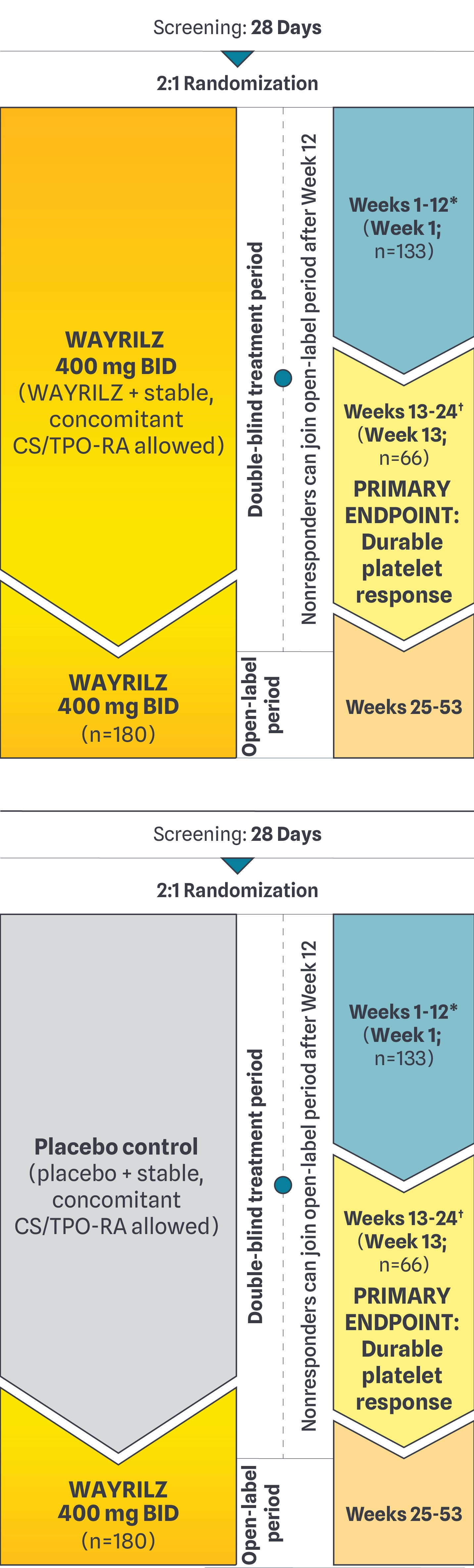 Diagram of LUNA-3 study design, showing Wayrilz (rilzabrutinib) vs placebo control over a 24-week double-blind treatment period followed by a 9-week open-label period.