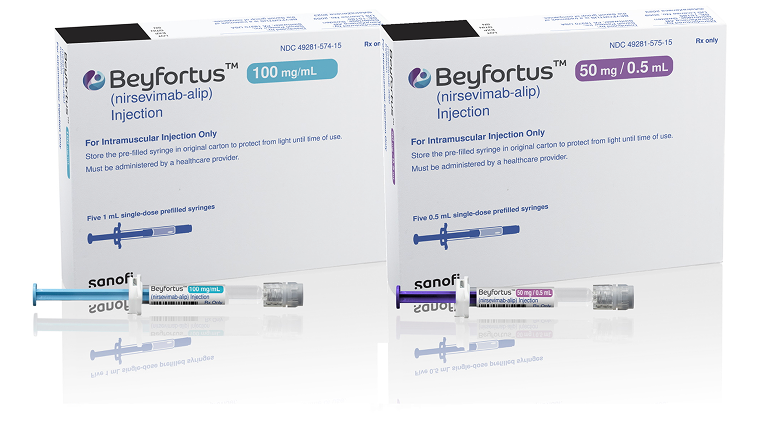 Beyfortus® (nirsevimab-alip) 100 mg packaging and Beyfortus 50 mg packaging