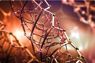 Illustration representing the internal structure of DNA as a network of atoms forming the double helix, with a blurred background.