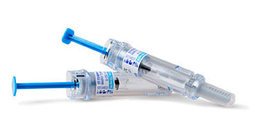 Two medical syringes with blue plungers and labeled text on them.