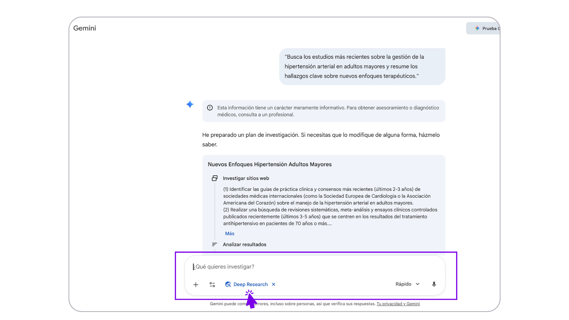imagen funcionalidad deep research Gemini