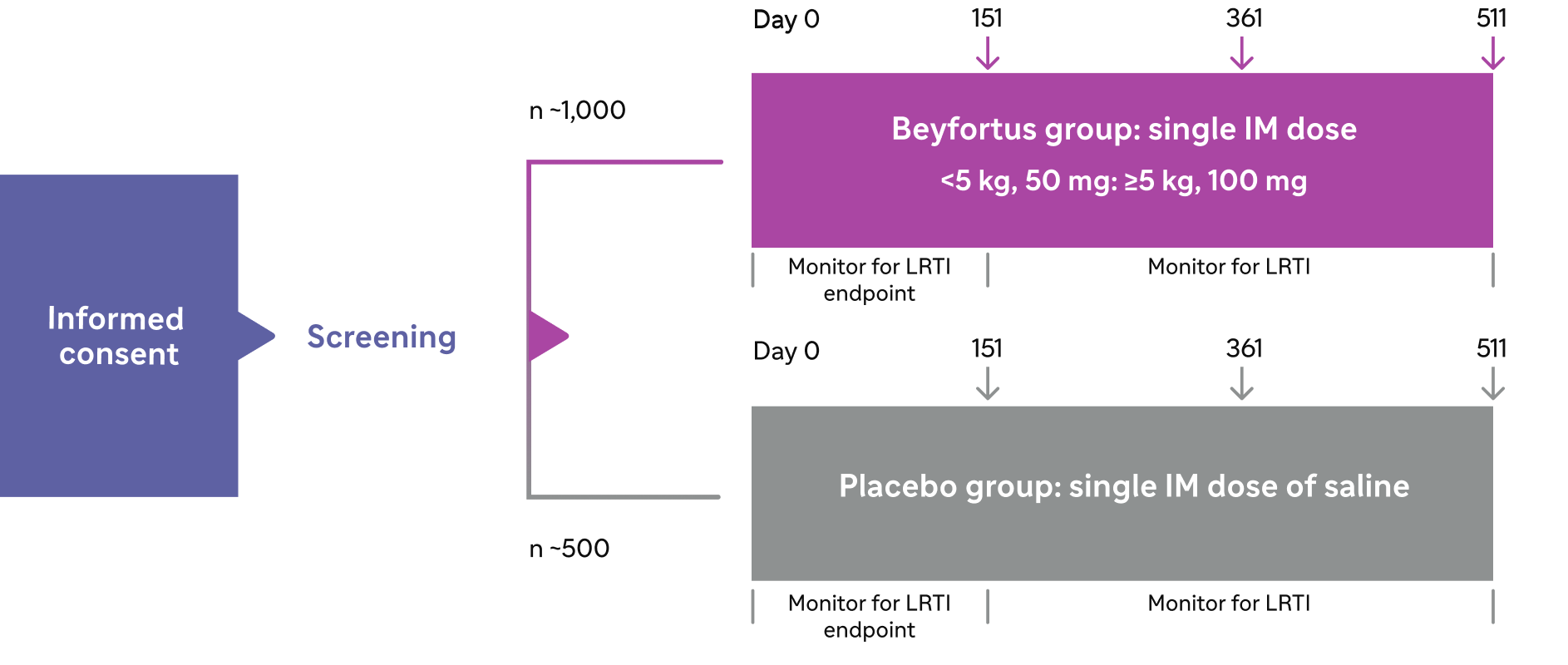 Trial 04; Informed consent; Screening; Day 0 to 151 (Monitor for LRTI endpoint); Day 151 to 511 (Monitor for LRTI); Beyfortus® (nirsevimab-alip) group (n approximately 1,000): single IM dose less than 5 kg, 50 mg: greater than or equal to 5 kg, 100 mg; Placebo group (n approximately 500): single IM dose of saline