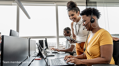 Portrayal of three call center employees wearing headsets