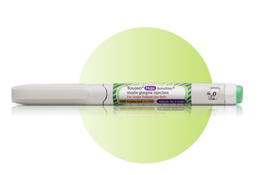 Toujeo® Max SoloStar® pen within a white-green gradient circle.