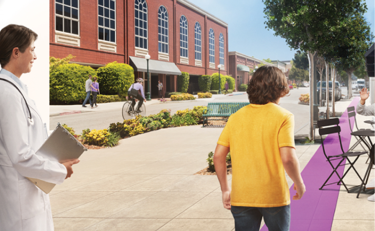 Banner image of a healthcare professional observing a young boy walking on a highlighted path