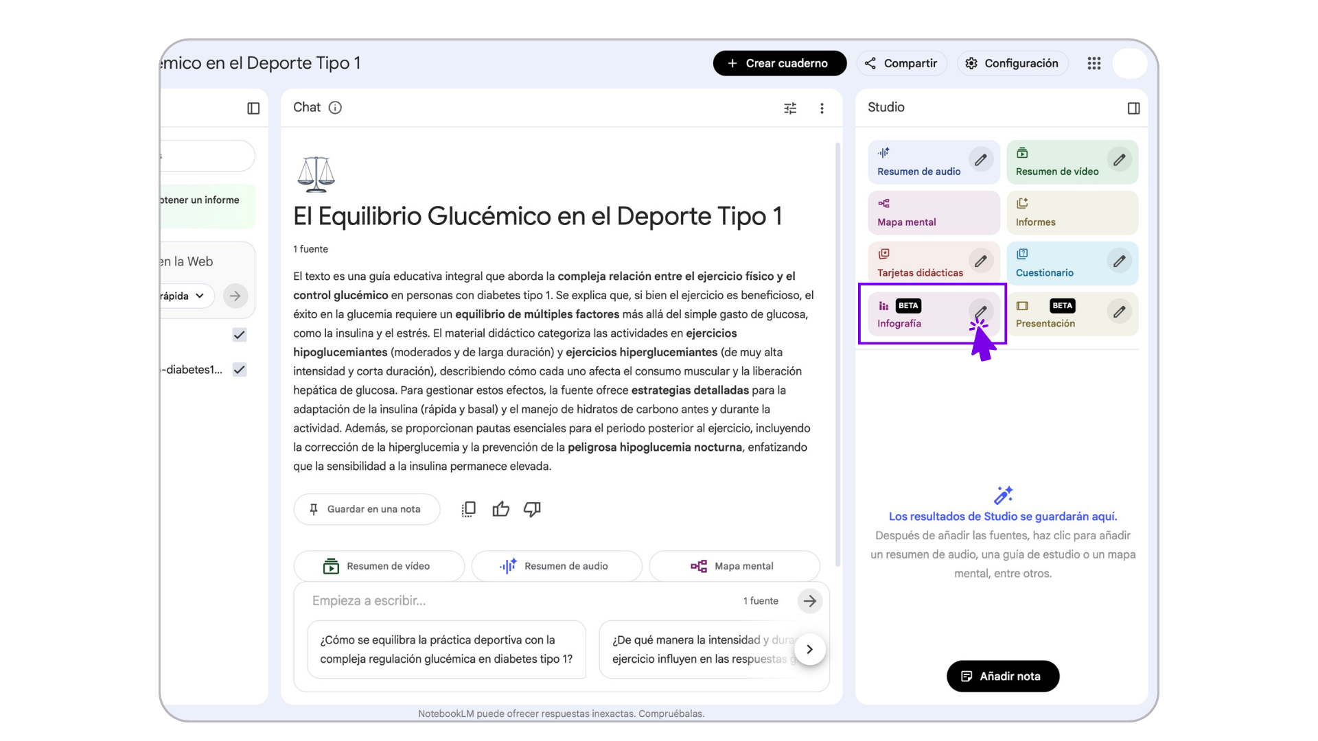 Imagen menú de notebookLM infografías